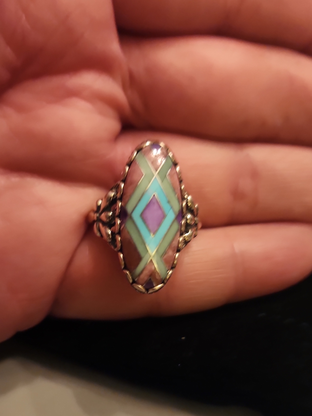 Carolyn Pollack Turquoise, Purple & Brown Inlay Silver Ring